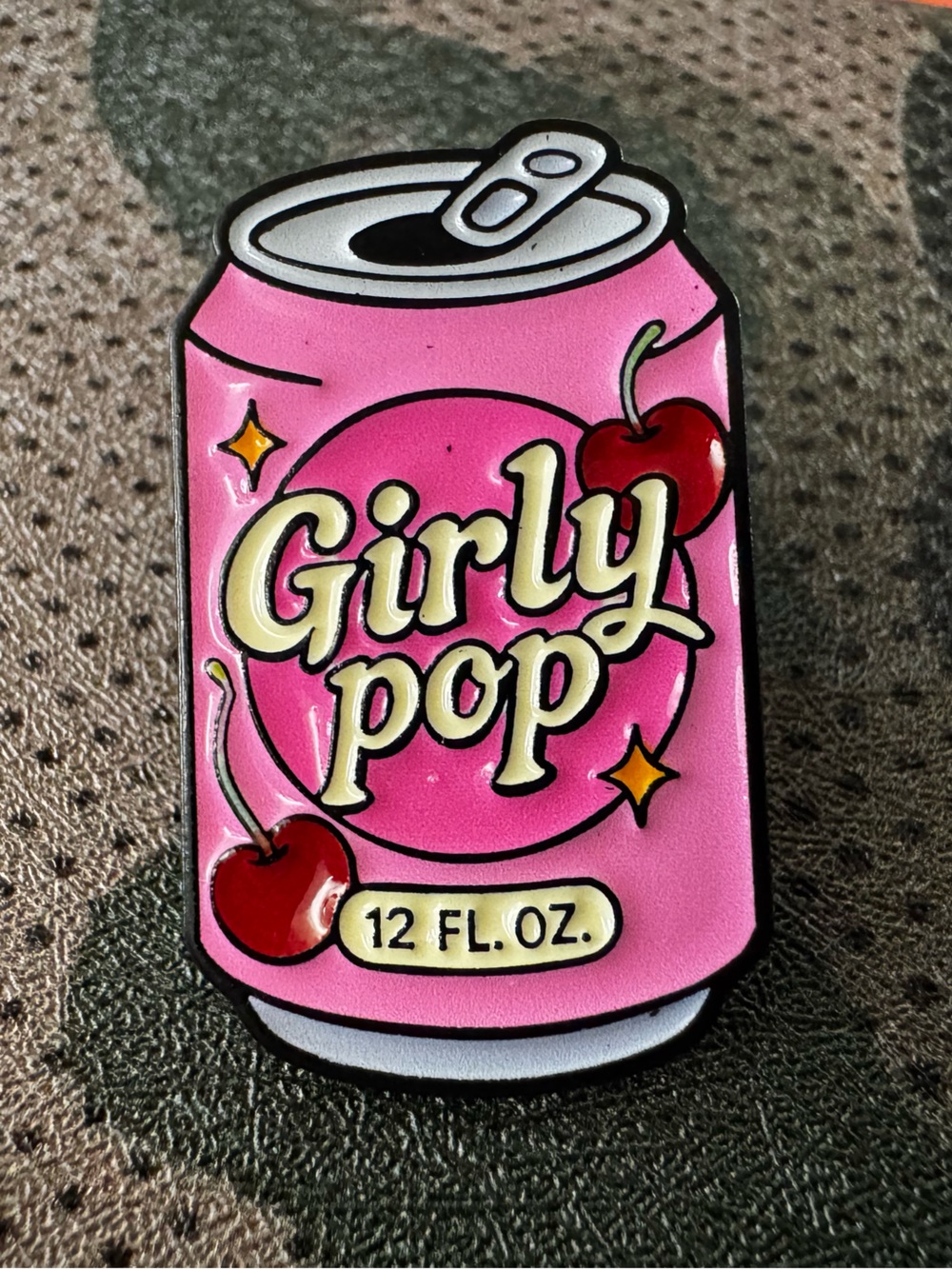 Girly Pop Pink Enamel Pin - Decorative Soda Can Design